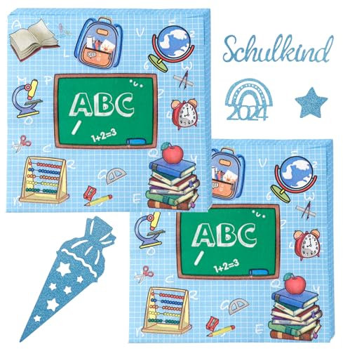 TUZHE Einschulung Deko Servietten, Junge Schulanfang Tischdeko Servietten (40 STK +100STK Blaues Konfetti)