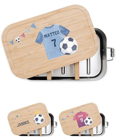 wunderwunsch® - Personalisierte Brotdose zur EM- Robuste und Individuelle Edelstahl Brotdose mit Namen - Fußball Geschenke, Geschenk Fussball (klein Edelstahl,Fußballtrikot blau)