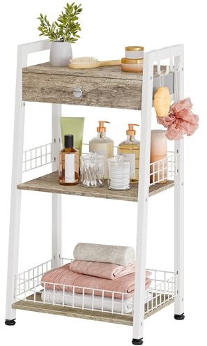 Gewudraw Ladder Shelf, 3-Tier Bathroom Storage with Drawer, Hooks, White | Bathroom Table Stand for Small Space, Bathroom Shelves Freestanding, Bookshelf for Bedroom, Home Office, 29.5 × 41.5 × 80 CM
