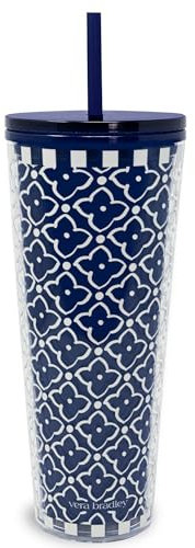 Vera Bradley Vaso de viaje acrílico con tapa y popote, vaso aislado de 24 onzas, vaso de plástico de doble pared, pavo real morisco