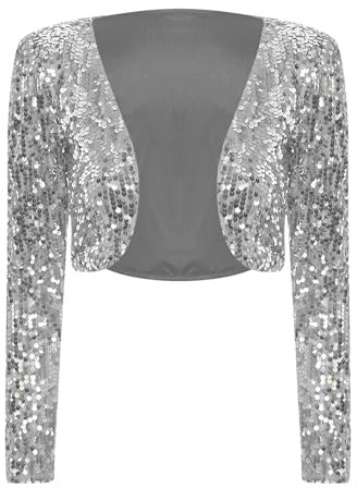 Yihuimin Damen Glänzende Bolero Kurz Jacke Blazer Jacke Glitzer Schulterjacke Langarm Jäckche Metallic Jacket Silber M