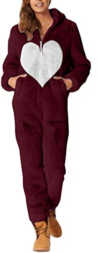 Combinaison en polaire grande taille pour femme – Combinaison à capuche douce et confortable – Combinaison en peluche de couleur unie avec poches pour couple décontracté à fermeture éclair – Pyjama