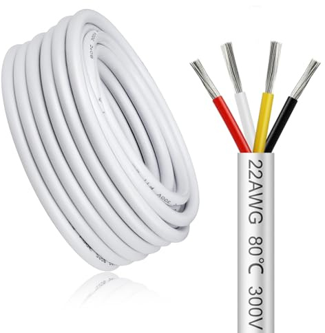 20 Meter 22AWG 4x0,3mm² Elektrischer Kabel, 4 Adriges Kabel 5V/12V/24V/300V Weiß Verzinntes Kupferkabel, Flexibel und Weich Niedrige Impedanz Hohe Temperaturbeständigkeit Verlängerungskabel