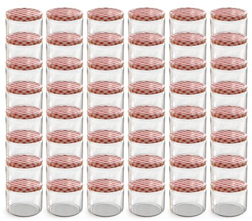 Oputec 48 x 282 ml Einmachgläser mit Schraubdeckel rot kariert – Perfekt für Marmeladen, Konfitüren und mehr, kleine Gläser mit Deckel, ideal als Marmeladengläser und Dip-Schraubgläser