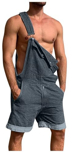 YOSUWOAI Jeans Salopette da uomo in denim, vestibilità normale, estiva, corta, con tasche multiple, da uomo, casual, da lavoro, con spalline regolabili, pantaloni in jeans, O grigio., XXXL