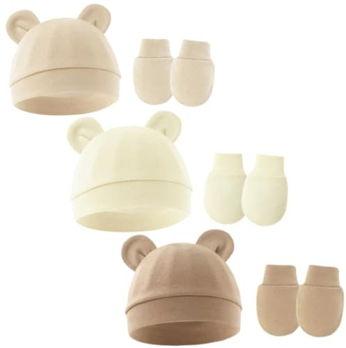 IKOPFLN 3 Sets Neonato Bambino Berretto e Guanti per Neonato Accessori Set Cappellino per Ragazzi Ragazze Cotone 0-6 Mesi