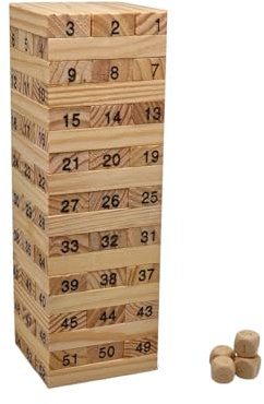 FAST WORLD SHOPPING ® Gioco Di Società Torre Con Mattoncini Impilabili In Legno 54 Pezzi Numerati Con Dadi Abilità E Concentrazione