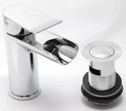 TC Robinet mitigeur cascade pour lavabo de salle de bain avec bec ouvert Chromé Comprend un bouton poussoir à fente