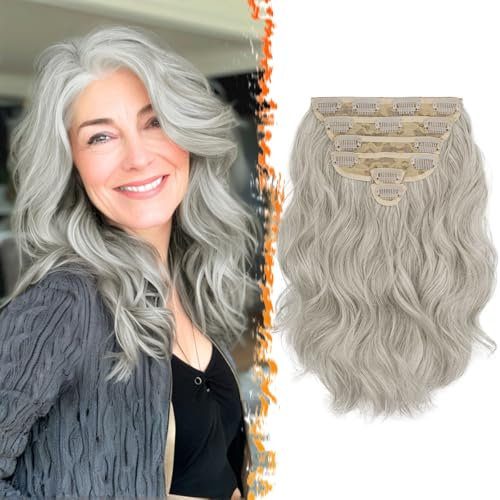BARSDAR Kurzes Wellige Clip in Extensions 30cm 6PCs Clip in Haarverlängerung Grau Für Damen Wellige Voller Kopf Dickes Synthetisches Haarteil Haarextension - Silber Grau