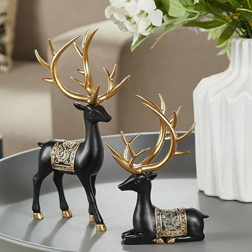 2 Stück Weihnachten Rentier Ornamente Set, Sitzen & Stehen Harz Hirsch Skulpturen Urlaub Dekor Weihnachtsfiguren für Haus & Baum Dekoration (Schwarz, Einheitsgröße)