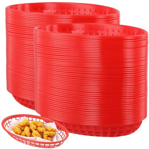 MUKSEUT 100 Pack Red Plastic Food Basket, Plastic Chip Baskets, Reusable Plastic Oval Food Basket for Party Picnics, Fries, Sweets, Fruit, Snacks