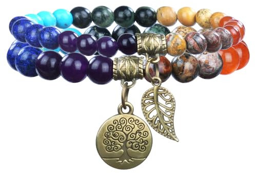 Alaoo Bracelet en Pierre Naturelle, Bracelet en Pierre de Cristal 8 mm Bracelet Spirituel en Pierres Précieuses avec Accessoires Arbre de Vie et Feuille pour Relaxation, A