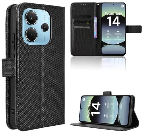 Rojeuinn Cover per Xiaomi Redmi Note 14 4G custodie,Premium Portafoglio Magnetica Flip Case,Custodia con fibra di carbonio-Nero