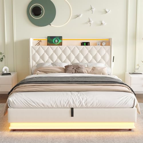 Upholstered Ottoman Bed, 4ft6 Double Bed Frame with Hydraulic Lift&LED&Charging Station, Gas Lift Up Functional Storage Beds with Button Tufted Storage Headboard&Wood Slats, Linen, No Mattress, Beige