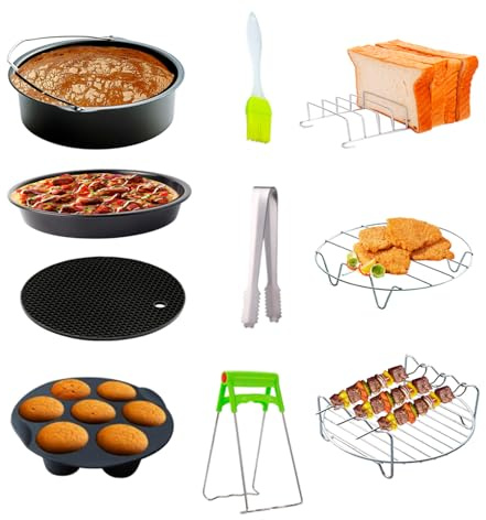 10 Pcs Air Fryer Accessories Set with 6/7/8 in Nonstick Cake Barrell Pizza Pan Cupcake Pan Skewers Bread Bracket Silicone Mat for 3.2QT-5.8QT Air Fryer (6in)
