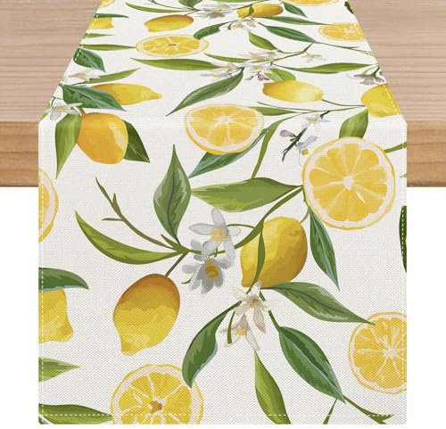 Kiatuniya Zitronen Tischläufer Orange Gelb Zitrone Deko Tisch Läufer Frühling Sommer Kurz Tischdeko Grün Blatt Blume Table Runner Abwaschbar Küche Esstisch Urlaub Party Dekoration 40x140 cm