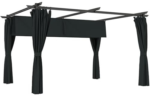 Outsunny Pérgola de Aluminio con Techo Retráctil Pérgola 4x3 m con Paredes Laterales Cenador con Tela Poliéster Impermeable Anti-UV Pabellón para Jardín Terraza Patio Exterior Gris