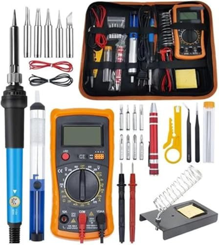 Electric Soldering Iron Kit, 60W Adjustable Temperature Soldering Irons Tools Set, 25Pcs with LCD Digital Multimeter, Tips, Soldering Iron Stand, Tweezers, Screwdriver for Electrical Work