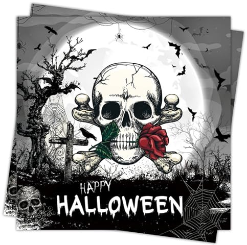 40 Stück Halloween Servietten 33x33cm – Schwarze Papierservietten mit Totenkopf-Design, Einweg Servietten Halloween für Party, Buffet & Tisch Deko (2 Packungen)