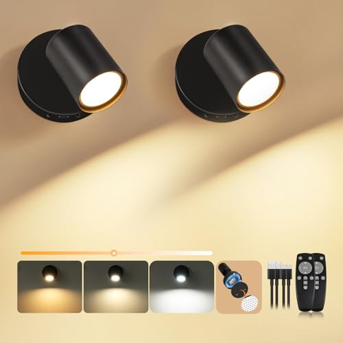 Dehobo Wandleuchte LED Innen Schwarz, Wandlampe Batterie USB Aufladbar mit FernbedienungDimmbare, Moderne Innen Wandbeleuchtung, Spot Lights für Home Decor, Wireless Lampen