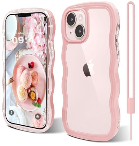 Andwing für iPhone 15 hülle 6,1 Zoll Rosa | niedlicher Wellenrahmen,lockige Form,stoßfeste harte PC-Telefonabdeckung für Frauen und Mädchen