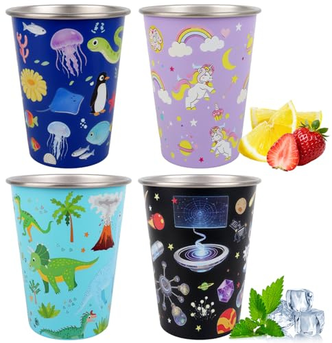 Jonuin Lot de 4 Gobelets en Acier Inoxydable pour Enfant, 350ml Tasse Inox, Motifs Colorés Animaux Marins Dinosaure Astronaute Licorne, Gobelets Réutilisables Incassables pour École Maison Extérieur