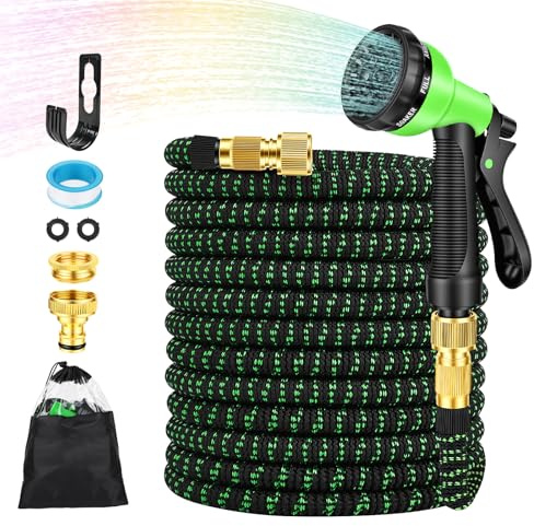Gaethra Tubo Estensibile da Giardino, 30M Tubo Acqua Giardino in Poliestere Espandibile100 FT, Canna Acqua Giardino con 8 Getti Diversi e Raccordi in Ottone da 1/2 e 3/4, Verde