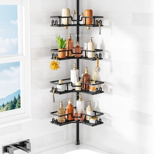 HAMITOR Shower Caddy Corner: No-Drill Rustproof Bathroom Storage Shelf | 4-Tier Large Shower Organiser Accessories with 16 Hooks, Bathtub Storage Rack for Rental Apartment, RV, Fits 119-307cm, Black