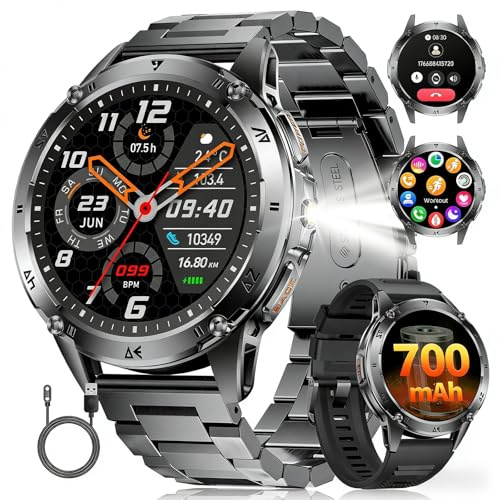 SUNKTA Smart Watch for Men with Flashlight/700 mAh Battery, 1.43'' AMOLED Military Smartwatch with Bluetooth Call Health Monitor IP68 Waterproof Fitness Tracker for Android iOS