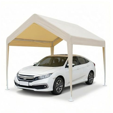 MBBTAG Carport Tente de Garage Abri de Voiture Extérieur Robuste en Métal avec Renfort Triangulaire, Toile Oxford Imperméable Anti UV pour Neige et Pluie(Beige,3x3m)