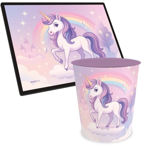 itenga Papierkorb ca. 11Liter und Schreibunterlage mit Motiv im Set - Papierkorb für Kinder und Erwachsene Büro Kinderzimmer (Motiv Einhorn Zauberwolke)