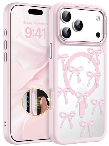 Telaso Zweifarbig für iPhone 17 Pro Hülle mit Magsafe, Transparente Rückwand mit Schleifenmuster, Premium Handyhülle iPhone 17 Pro Case, Metall-Kamerarand Schutzhülle, Rosa Rahmen und Clear Rückwand