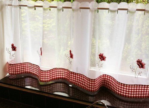 Stunning Poppy Floral RED White Restaurant Kitchen Cafe Curtain Panel 60 X 18