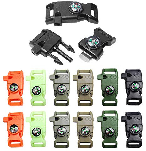 12 Stück gemischte Farben, 1,6 cm Kompass, Feuerstein, Schaber, Feuerstarter, Pfeife, Schnalle, Kunststoff, Paracord-Armband, Outdoor, Camping, Notfall, Survival, Reise-Kits, FLC158-FWC (Mix-s)