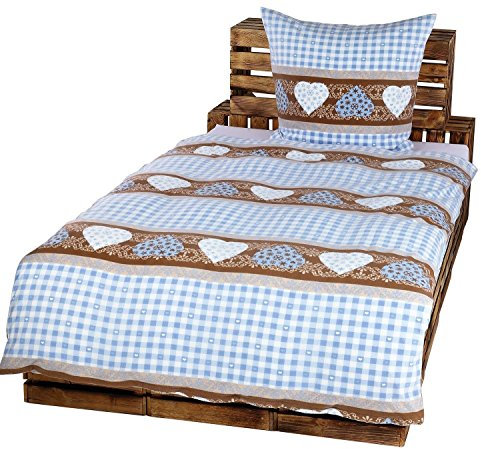 2tlg Winter Bettwäsche Set Fleece Microfaser Landhaus Bauernhaus Karo Herz Übergröße 155 x 220 cm + 80 cm x 80 cm NEU Weiß Braun Blau Simone