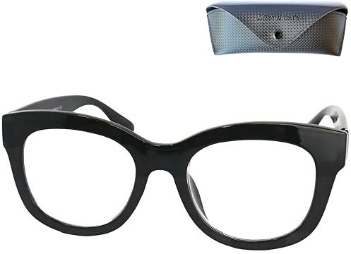 Stilvolle Retro Lesebrille Dicker Rahmen und großen Gläsern, Gratis Etui, Kunststoff Brillengestell mit Federscharnier (Schwarz), Lesehilfe Damen +2.0 Dioptrien