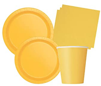 Isola Party Kit Festa di Compleanno Tinta Unita Giallo per 16 Persone Eco-Friendly (16 Piatti ⌀ 23 cm, 14 Bicchieri 266 ml, 20 Tovaglioli 33x33 cm)