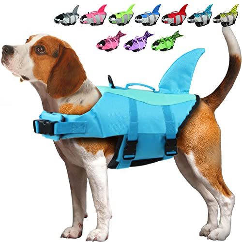 EMUST Gilet de Sauvetage pour Chien Requin, Gilet de Sauvetage pour Chien avec poignée de Sauvetage pour Petits, Moyens et Grands Chiens, pour la Piscine, la Plage et Le Bateau (XS, Bleu Piscine)