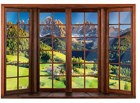 WallArena - Vlies Fototapete Fenster mit Aussicht Berge Alpen 152x104 cm - Fototapeten - Tapeten - für Wohnzimmer Schlafzimmer - Vliestapete Wandtapete Tapete 3D Effekt- inkl. Kleister