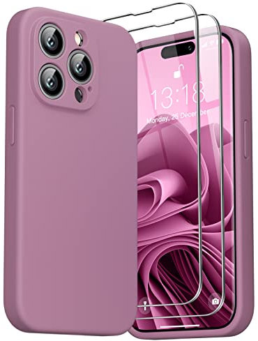 GOODVISH 3 in 1 Hülle Kompatibel mit iPhone 14 Pro mit 2 Stück Schutzfolie, Liquid Silikon Handyhülle, Kameraschutz und Bildschirmschutz, Rundumschutz stoßfeste Case für 14 Pro 6,1, Pink Lila