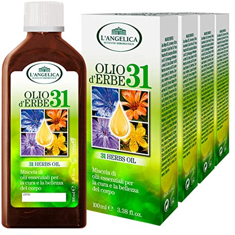 4x L'Angelica Olio D'erbe 31 Multiuso Concentrato 100% Naturale Non Unge Miscela Oli Essenziali - 4 Flaconi da 100ml