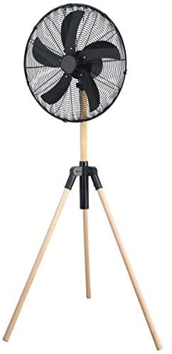 SANEO - Ventilador de pie (trípode), 50 W, 3 velocidades, diseño de madera con acabado de metal inoxidable, diámetro 46 cm – 5 aspas – Silencioso, altura ajustable de 120 a 130 cm, oscilación