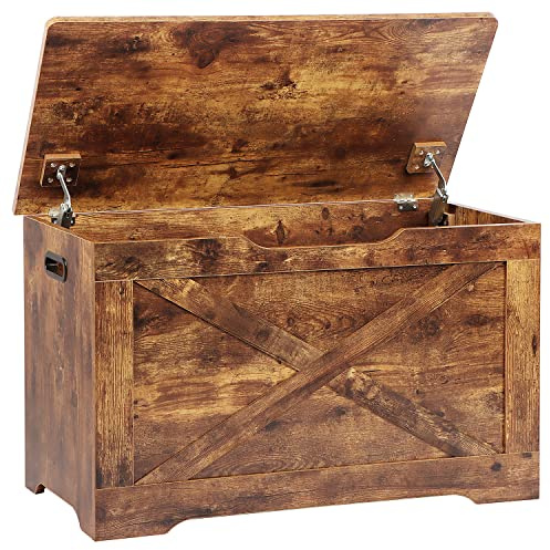 Timberer Storage Chest, Wooden Storage Bench, Entryway Shoes Bench with 2 Safety Hinges, Retro Storage Trunk for Living Room, Bedroom, 15.7 x 31.5 x 18.9 Inches, Rustic Brown