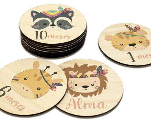 DEHOME - Placas Cumplemes Personalizadas con Nombre - Tarjetas Hito Bebé Madera Pino Natural 4mm - Impresión Directa sobre la madera - Regalo para Recién Nacido Hecho en España (Animales, Español)
