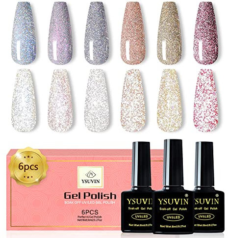 YSUVIN UV Nagellack, 6 Farben Reflektierendes Glitzer Gel Nagellack Set Glänzender funkelnder Blau Rosa Diamant UV Gel für Frauen Home Nail Art Maniküre, 8ml