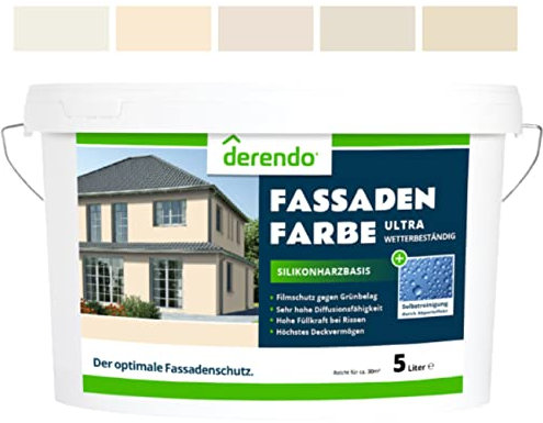 derendo Silikonharz Fassadenfarbe beige mit ULTRA Wetterschutz, 5l, Abperleffekt wie beim Lotus Blatt, inkl. Schutz vor Verunreinigungen durch hochwertige Silikonharz-Beschichtung, (Cremebeige 5-31)
