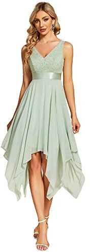 Ever-Pretty Abiti da Sera Senza Maniche con Scollo a V Stile Impero Linea ad A in Pizzo Chiffon al Ginocchio con Orlo Asimmetrico da Donna Menta Verde 46