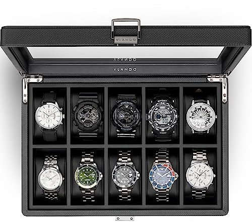 Vlando Uhrenbox mit 10 Fächern für Herren, Uhrenetui mit großem Glasdeckel, Uhrenhalter mit strukturiertem Leder, abnehmbares weiches Kissen, Geschenk für Väter, Ehemann, Freund, schwarz