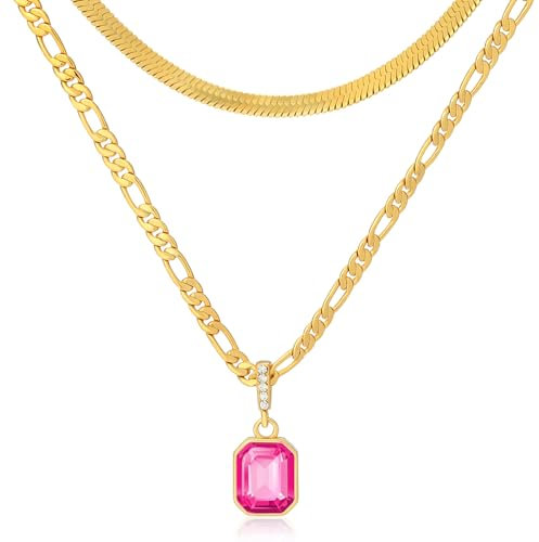 Mesovor Goldene Geschichtet Ketten Halsketten mit Anhänger Kristall, 18 Karat Vergoldete Figaro und Schlangenkette Halsband Halskette für Frauen Mädchen Schmuck Geschenke (Heißes Neonpink)