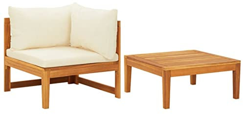 Festnight Loungemöbel-Set aus Holz 2-TLG.Ecksofa mit Tisch Gartensofa Sofa-Eckteil Sofagarnitur Ecksofa Ecklounge Essgruppe Balkonlounge Cremeweiß Akazienholz